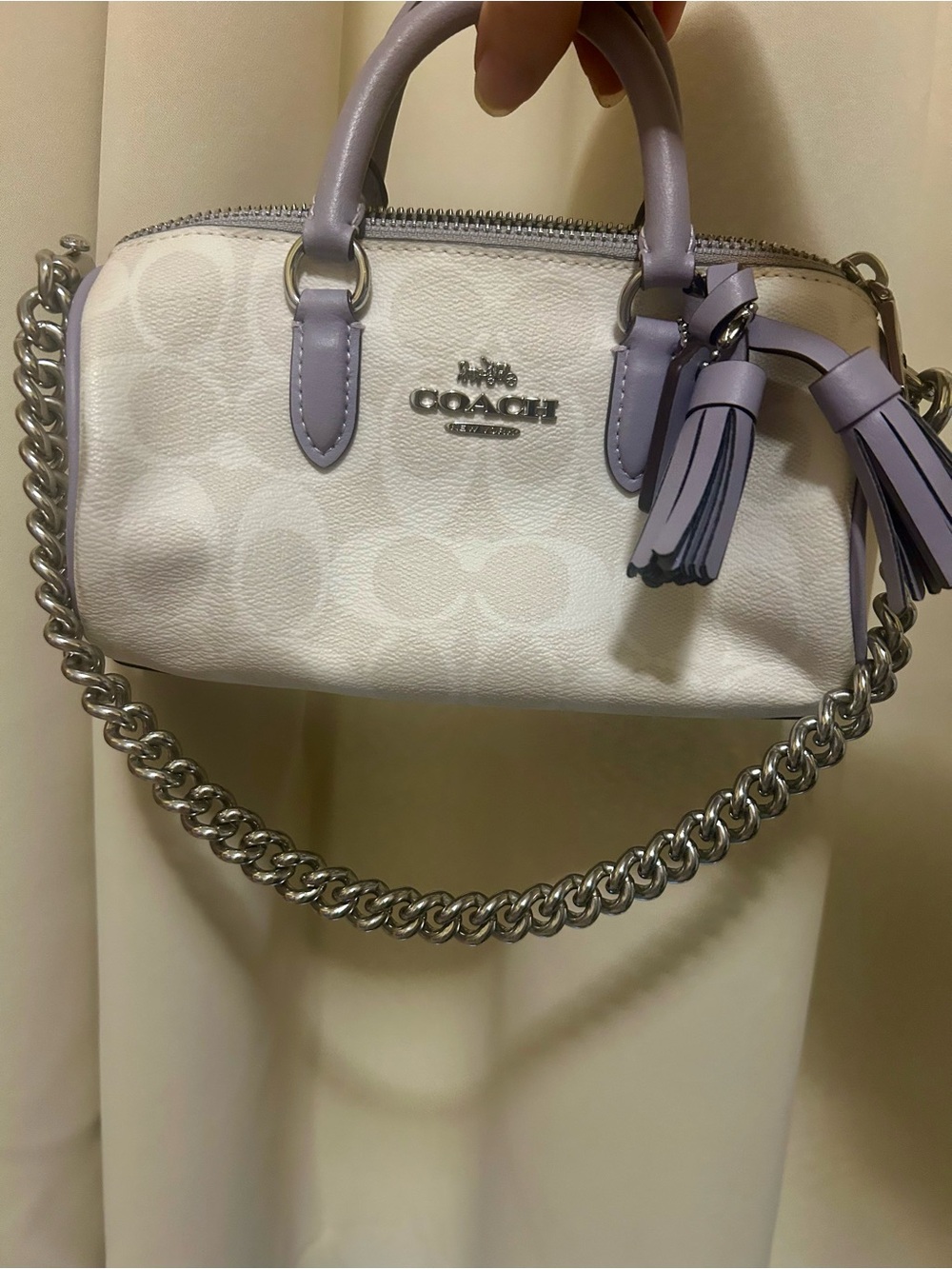 Coach White Mini Satchel with Lavender Trim and Silver Chain